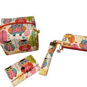 4 Pc Set Small Everything Pouch, Key fob, Coin Purse & Card holder Owl Red Cute
